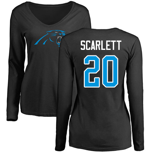 Carolina Panthers Black Women Jordan Scarlett Name and Number Logo Slim Fit NFL Football #20 Long Sleeve T Shirt->nfl t-shirts->Sports Accessory
